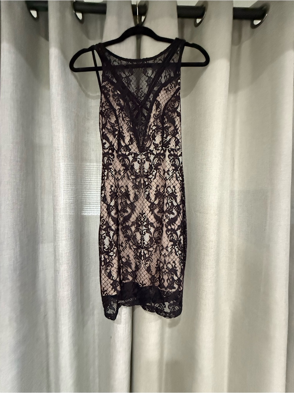 Black Lace Overlay Nude Slip Cocktail Dress